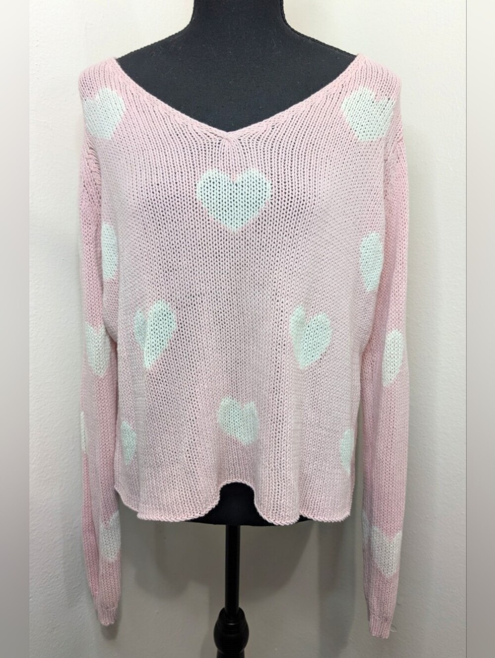 Wooden Ships Hearts Sweater S/M Preppy Whimsical Casual Chic Boho Novelty Print